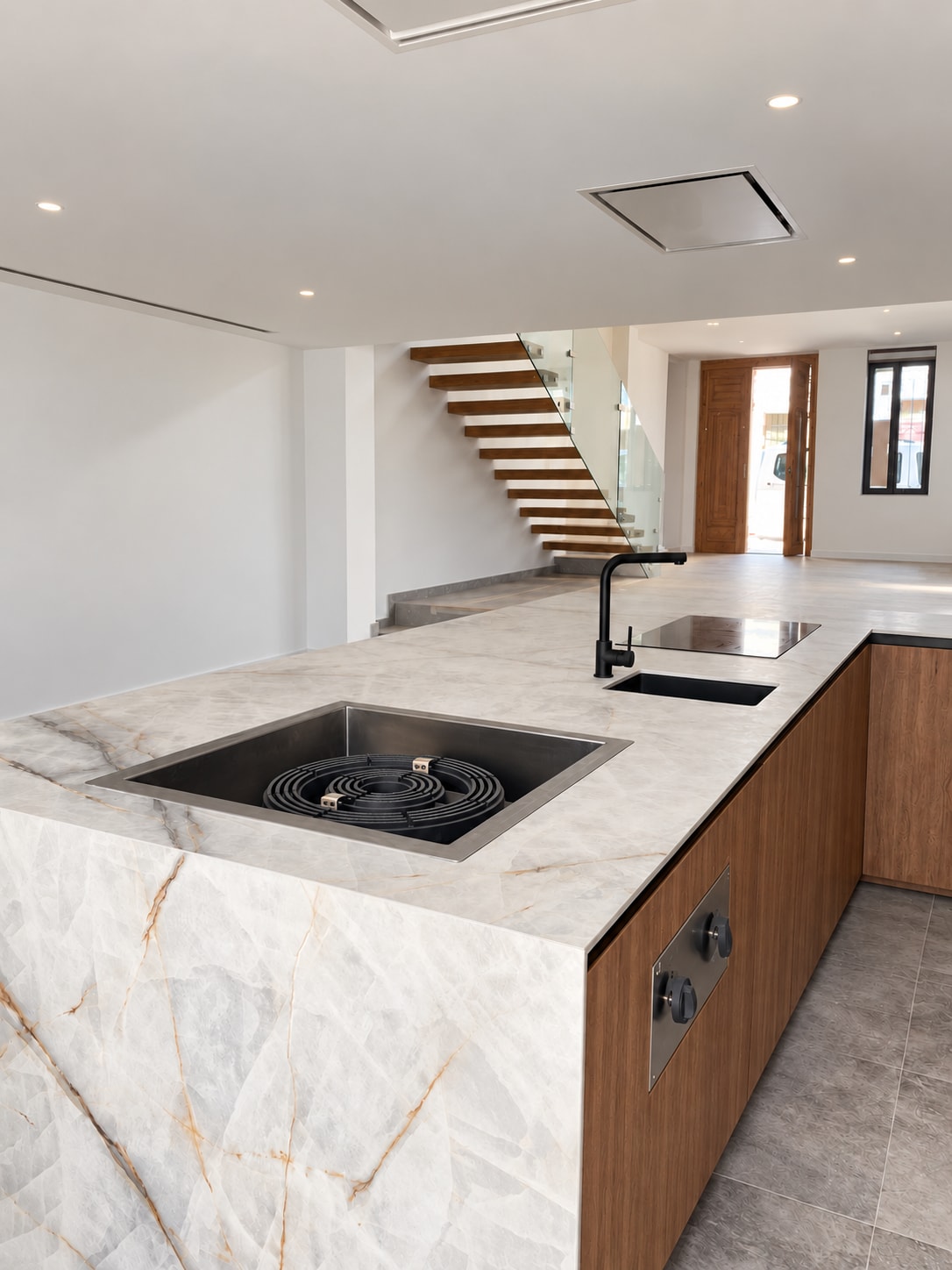 Kitchen island with large cooking burner